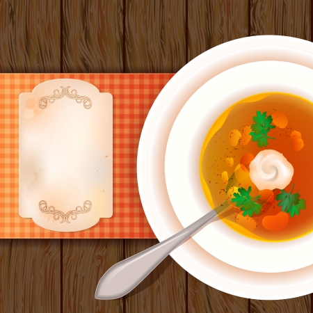 A plate of soup on a wooden table. View from above. Rustic style. The idea to design a menu. Place for your textのイラスト素材