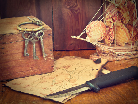 Old map with buried treasure and dagger