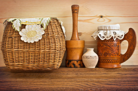 Wicker and wooden utensils in folk style