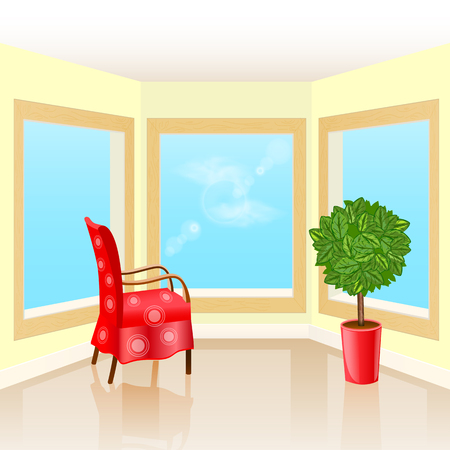 Interior room with three windows, chair and flowerのイラスト素材