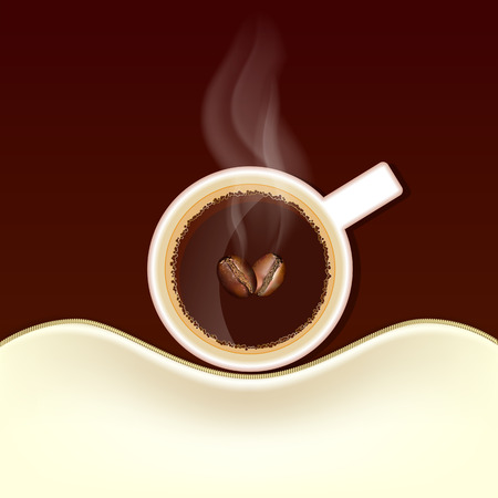 Cup of coffee with steam and coffee beans, top viewのイラスト素材