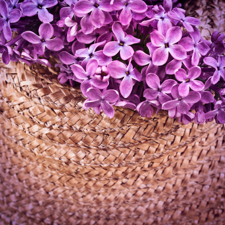 straw hat with spring flowersの写真素材