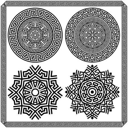 Set of decorative elements of the Greek meander. Black and white graphicsのイラスト素材