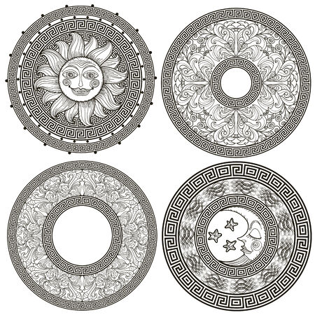 Set of decorative frames and rosettes with the Greek meander, pattern plant, sun and moonのイラスト素材