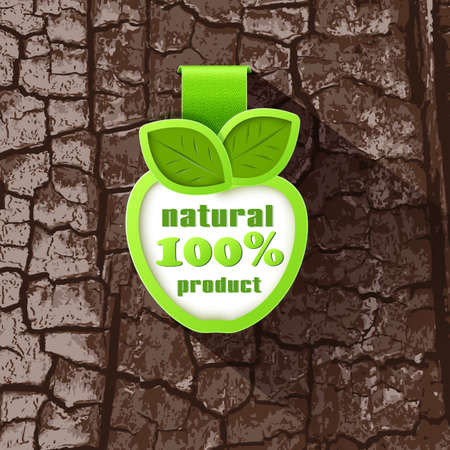 Label in the form of an Apple on a background of tree bark. 100% natural productのイラスト素材