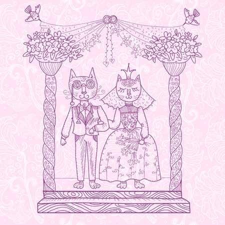 Cat wedding. Hand drawn illustrationのイラスト素材