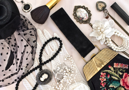 Vintage handbag, hat with a veil and women's jewelry and accessoriesの写真素材