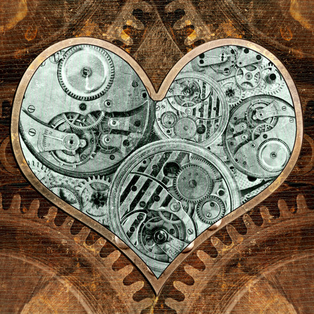 Metal heart ticking inside. Grungy background in the style of steam-punkの写真素材