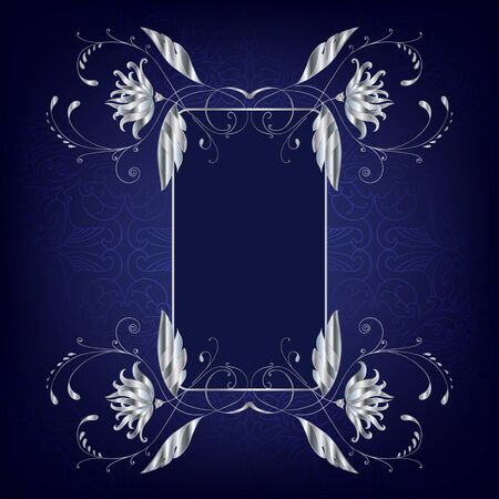 Silver frame with flowers and curls on a blue backgroundのイラスト素材