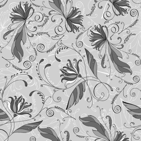 Seamless pattern with fancy flowers and leaves. monochromeのイラスト素材