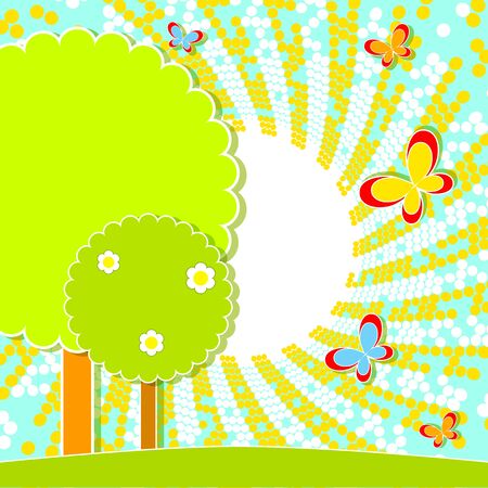 Summer landscape with trees and butterflies. Place for your textのイラスト素材