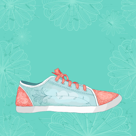 Sneakers with floral pattern. Painted by hand. Grungy blue background with flowers. Place for your textのイラスト素材