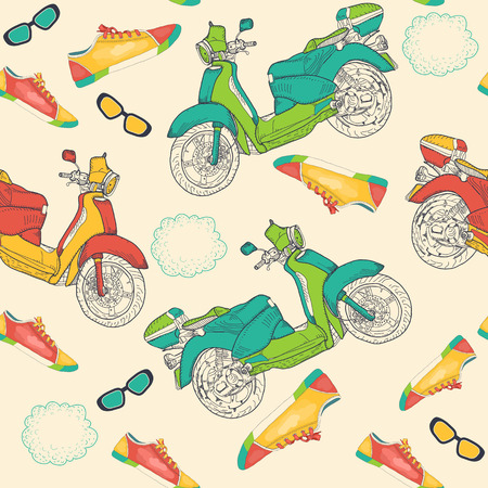 Seamless pattern with sneakers, mopeds and sunglasses. hipster styleのイラスト素材