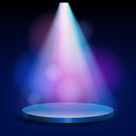 Empty stage lit with lights on blue background. On the podium shines a bright spotlightのイラスト素材