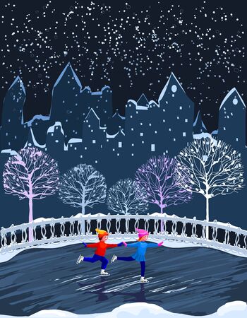 Kids are skating. Urban winter landscape. Boy and girl skating on ice rinkのイラスト素材