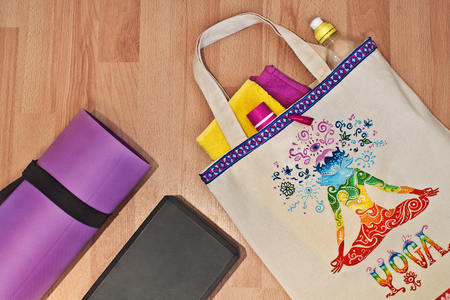 Lifestyle - Yoga. Yoga mat bag and hand-painted. Accessories for yogaの写真素材