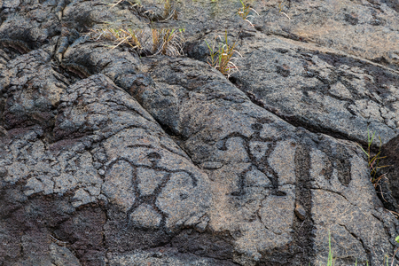 Petroglyphs  at Pu'uloa (Long Hill) along the Chain of Craters road, in volcano National Park on the island of Hawaii. The drawings are 400-700 years old.の写真素材