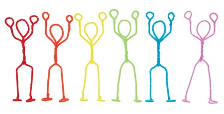 Isolated rainbow colored pipe cleaner stick figures with arms raised overhead as if being held up at gunpoint.の写真素材