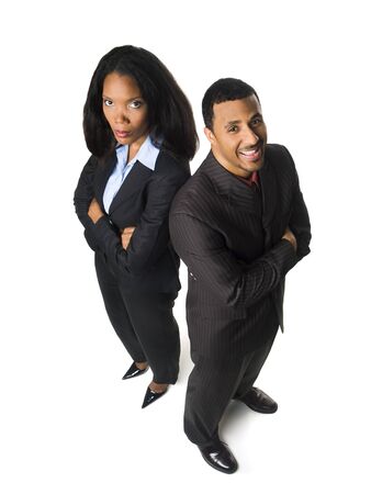 Isolated high angle glass ceiling concept shot of a happy businessman and an upset businesswoman.の写真素材