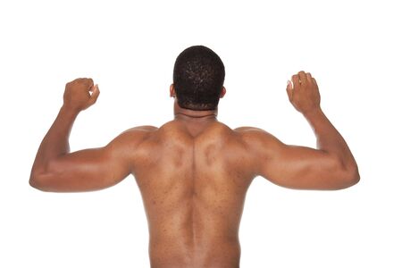 Isolated studio shot of a muscular man's back muscles.の写真素材