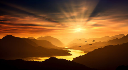 Landscape view of beautiful sunset with birds flying over the silhouetted mountains and a river bathed in golden light.の素材