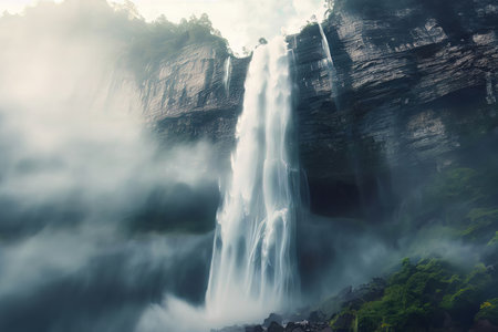 Scenery of a large waterfall falling down from a high cliff with mist floating in air and water flowing at extreme speeds. Landscape forms nature in a wide-angle view concept.の素材