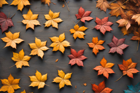 Pattern of colorful maple leaves on a black background. Top view photo idea of a group of natural leaf withering and falling on the ground during autumn.の素材
