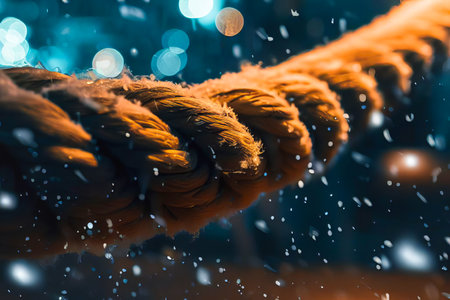 Close-up shot of rope on a snowy day with bokeh of light bulbs on a winter night. Background image and space for text.の素材