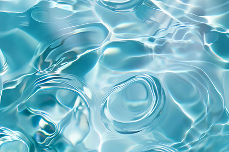 Clear water in swimming pool with ripple in clean aqua liquid. Summer wallpaper blue background and reflection of sunlight on water surface.の素材