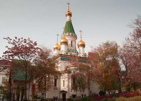 a view of the russian church Saint Nicholas the Wonderworker in sofia, bulgariaの写真素材