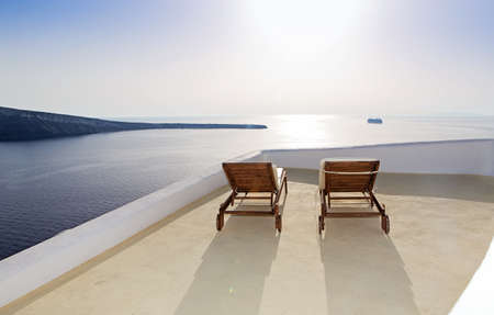 Idyllic terrace in Oia, Santorini, Greeceの写真素材
