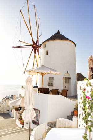 Oia is a village in the north west edge of the Santorini island with white houses, narrow streets and amazing seaviews.の写真素材