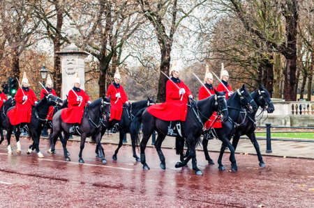 Marching the Queen's Guards during traditional Changing of the Guards ceremony at Buckingham Palace in London, United Kingdomのeditorial素材