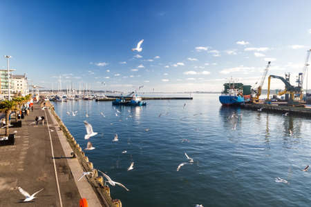 Oct 23th 2014, the view of many tourists at the harbor esplanade of the historic Poole Harbor. Poole, United Kingdom. Poole is a large coastal town and seaport in Dorset.のeditorial素材