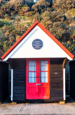 BOURNEMOUTH, UNITED KINGDOM  DECEMBER 23: The first municipal beach hut in the UK on December 23, 2014. Beach huts have been a prominent feature of the seafront at Bournemouth since the 1930s.のeditorial素材