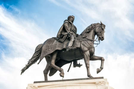 Budapest, Hungary, 05 September 2016-Andrassy Gyula equestrian statue in front the Hungarian Parliament buildingのeditorial素材