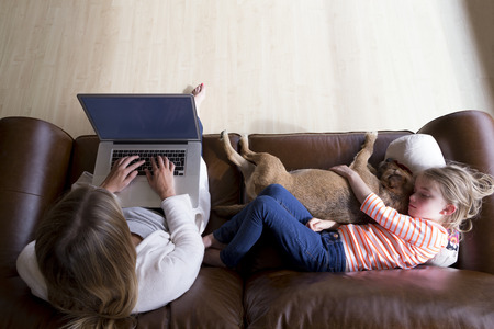 Ariel view of a woman using a laptop whilst her daughter is sleeping next to her, cuddling their pet dog.の写真素材