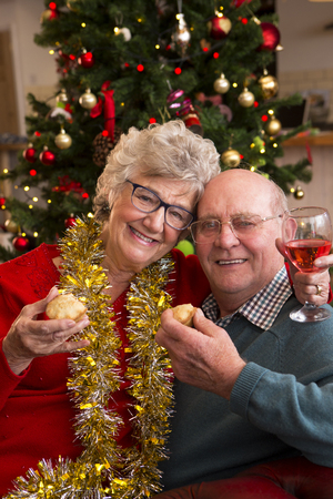 Senior couple posing for the camera at Christmas. They are holding mince pies in front of the Christmas Tree.の写真素材