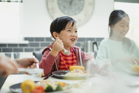 Little boy is enjoying his stir fry dinner and socialising with his family at home. の写真素材