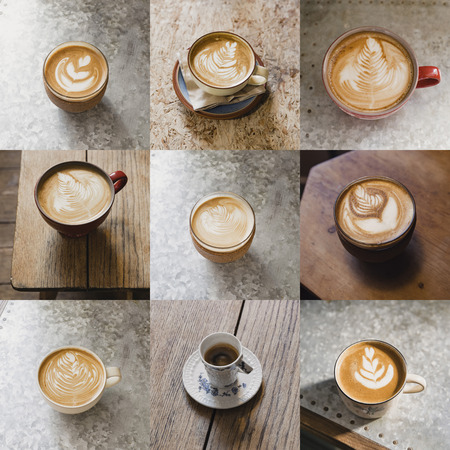 Image montage of nine cups of coffee. There are different types of coffee.の写真素材