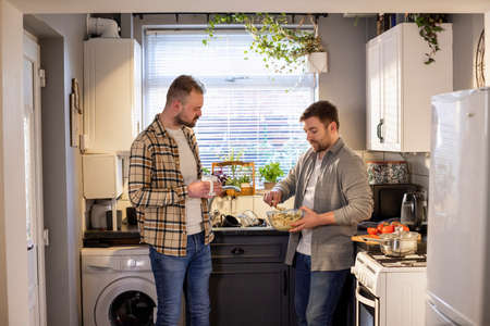 A side-view shot of an LGBTQI same sex male couple standing in their kitchen together, one man is making pasta while the other man talks to him.の写真素材