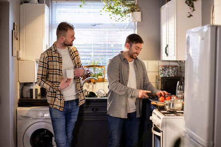 A side-view shot of an LGBTQI same sex male couple standing in their kitchen together, one man is chopping tomato's while the other man talks to him.の写真素材