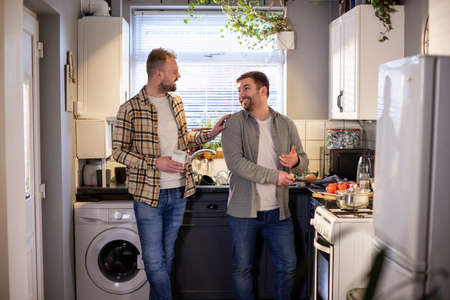 A side-view shot of an LGBTQI same sex male couple standing in their kitchen together, one man is chopping tomato's while the other man talks to him.の写真素材