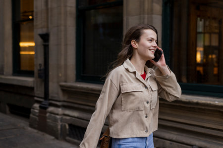 A young woman spending the day in Newcastle Upon Tyne. She is talking to a friend on her mobile phone while she walks through the city.の写真素材