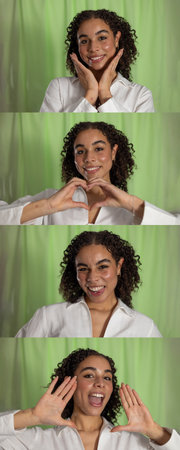 Composite image in film-strip style of a young adult female doing sign language towards the camera. She has dark curly hair and is wearing a white shirt.の写真素材