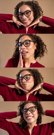 Composite image in film-strip style of a young adult female making faces towards the camera. She has dark curly hair and is wearing glasses and a red cardigan.の写真素材