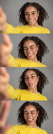 Composite image in film-strip style of a young adult female making faces towards the camera, pretending to take selfies. She has dark curly hair and is wearing a yellow sweatshirt.の写真素材