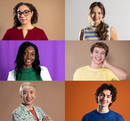 Composite image of six young adults. They are all wearing casual clothing, looking at the camera with positive expressions, against different coloured studio backgrounds.の写真素材