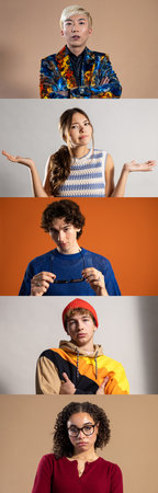 Composite image of five young adults looking at the camera with serious expressions. They are standing in front of a variety of coloured backgrounds.の写真素材