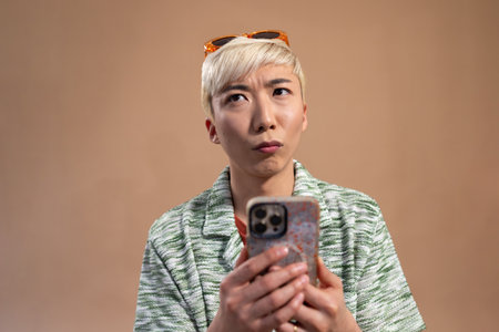 Studio shot of a young adult male looking up with a puzzled expression while holding his mobile...
